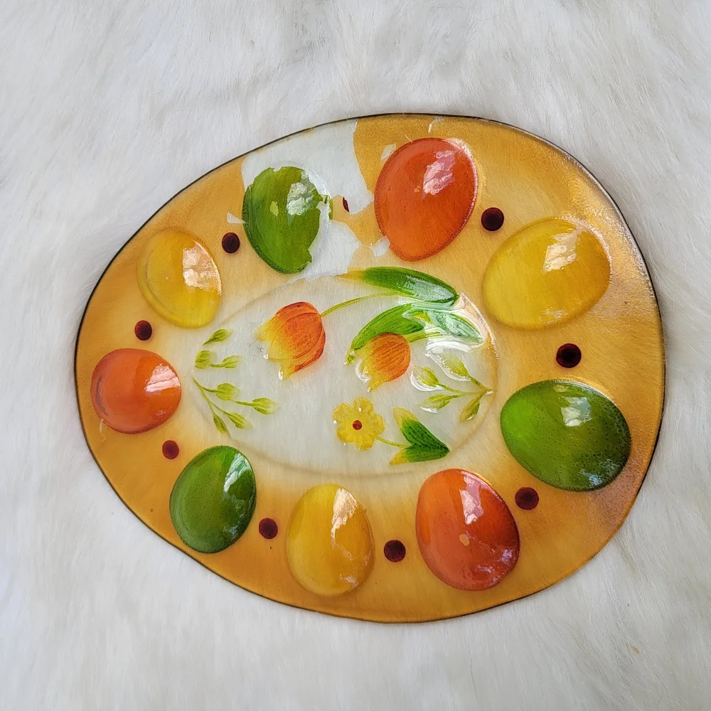 Decorative Easter Egg Platter - Yellow Green Orange Floral Design